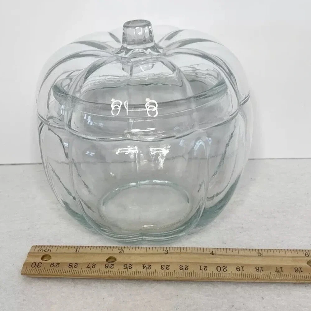 Clear Glass Pumpkin Shape Jar With Lid Candy Dish Trinket Bowl Autumn Fall Decor